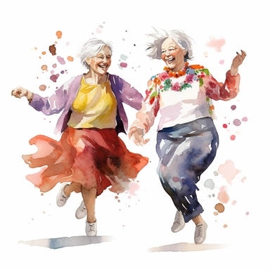 Watercolor Funny old ladies clipart . Women dancing,DAISY white background