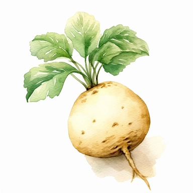 A delightful watercolor illustration of a Jicama fruit, rendered in a charming clipart style against a clean, white background. The Jicama is depicted with a playful and whimsical touch, capturing its unique shape, pale color, and enticing texture. The watercolor technique adds a soft and fluid quality to the illustration, enhancing the organic nature of the fruit. Each brushstroke and color choice accentuates the Jicama's appeal, making it a visually captivating piece of artwork. The white back