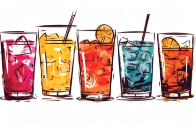 ink drawing six cocktails clipart, ink style, ink drawing, free-hand light color strokes under ink lines, vector style, prominent ink strokes, flat style, prominent line style, white background, spaced out, do not intersect images, spacing between elements, single thickness lines, no shadows, few details, only lines, only black lines, no volume, hand drawn ink drawing, elegant shapes