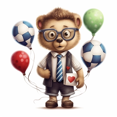 tiny cute anthropomorphic baby muppet teddy bear dressed in shirt and tie, has glasses on, playing football, surrounded by heart balloons, unreal engine, amanda clark illustration, white background, illustration, by amanda clark, clip art