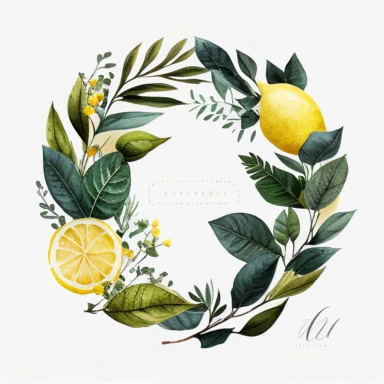 circle leaves and lemon arangement, watercolor style, clipart, white background