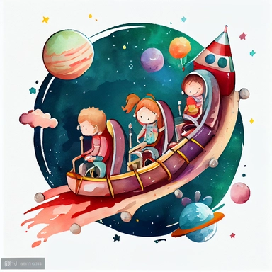 Children riding space roller coaster, watercolor Illustration clipart, 4K, extremely detailed