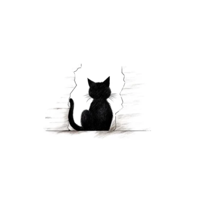 back high level view, cute black cat waiting before mouse whole in wall, illustration, white background, clipart, nursery illustration, illustration for children