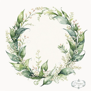 A watercolor clipart featuring delicate muguet (lily of the valley) flowers arranged in a circular wreath or garland. The flowers are depicted with intricate details, capturing the texture and delicacy of each petal and leaf. The watercolor technique used in the painting gives the image a soft, dreamy quality, with the colors blending together in a way that suggests movement and life. The circular design adds an elegant and sophisticated touch to the image, making it suitable for a variety of oc