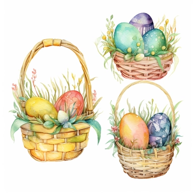 Whimsical Easter baskets with colorful eggs, grass, and ribbons, with intricate patterns and colors, watercolor png clipart on a white background