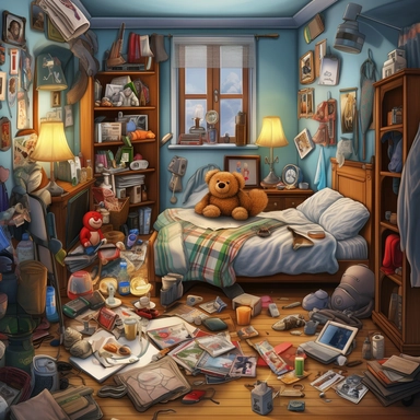 hidden object sheet in a bedroom, with Pillow, Blanket, Lamp, Alarm clock, Picture frame, Curtains, Dresser, Nightstand, Book, Magazine, Phone charger, Tissue box, Jewelry box, Hairbrush, Mirror, Clothes hanger, Slippers, Teddy bear, Remote control, Window blinds, clipart