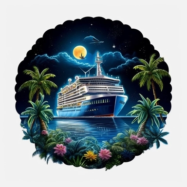 fantasy cruise ship in the moonlight, paradise island digital clipart on white background