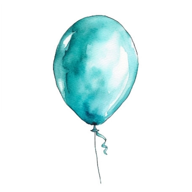 single watercolor turquoise party baloon with string clipart,clear edges,warm pastel color,positive energy,clear white background