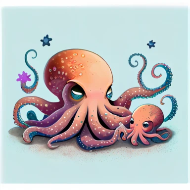 mom and baby octopus, hand draw Illustration clipart, 4K, extremely detailed, detail to every pixel