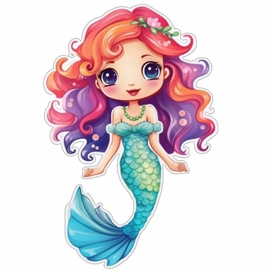 cute cartoon colourful mermaid clipart,stiker, white background,--no cut off edges