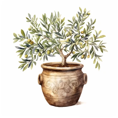 watercolor meriterranean pot with olive tree clipart on white background