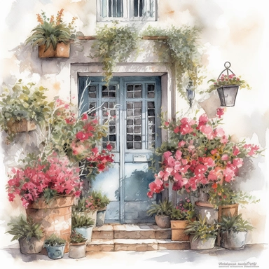 Create a beautiful watercolor clipart vignette of a rustic Mediterannean courtyard with a collection of white flowering potted plants, flowering hanging baskets and hot pink trailing bougainvillaea against a painted white rustic cottage door. The composition should be set against an isolated white background, with a bright and airy feel. Focus on capturing intricate details such as the delicate petals of the roses. Use a loose and fluid watercolor technique to create a sense of movement and ligh