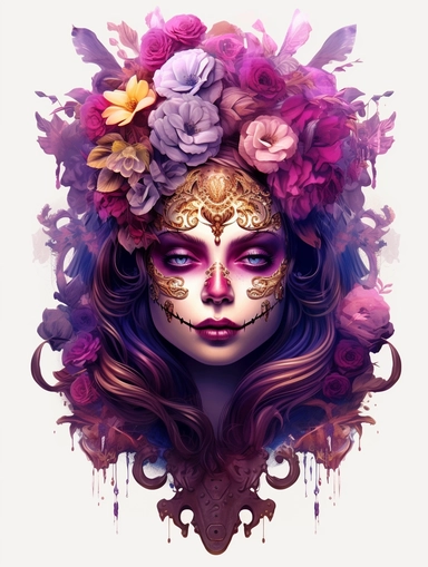 3d sugar skull girl with florals, in the style of fantasy art, 32k uhd, dark magenta and gold, luminous atmosphere, fantastical street, luminous,sticker art, clipart png, photorealistic, watercolor, digital painting, WHITE BACKGROUND, fantasy style, realistic, painting, 8k, ultra details,