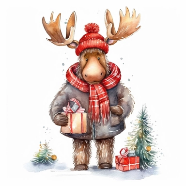 Watercolor, cute Christmas moose, with a red hat, coat and sack of gifts, PNG, winter, nursery, cartoon, highly detailed, watercolor, very high details, white background, clipart style