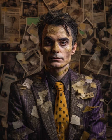 A portrait of the Joker with gold makeup and black hair, in the style of dadaist photomontage, octane render, kintsugi, devilcore, raw character, dark silver and gold, sony alpha a7 iii. Wearing a gold suit with black accents, a purple shirt, and a green tie, he stands in front of a chaotic collage of newspaper clippings, posters, and photographs, some of them torn or burned. His face is covered with gold paint, except for his eyes and mouth, which are exaggerated with black eyeliner and lipstic