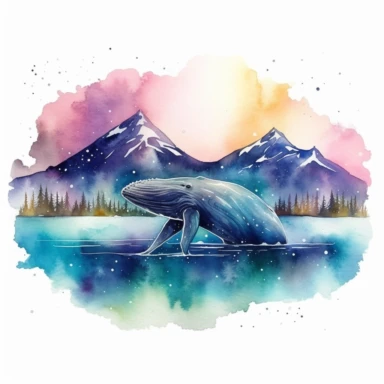 humpback whale in the northern lights landscape, watercolor clipart, 32k