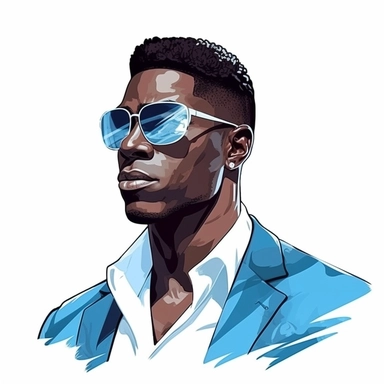 handsome black man facing forward with a fresh haircut wearing dark sunglasses in comic book style water painting clip art vector highlights good shading on a white background