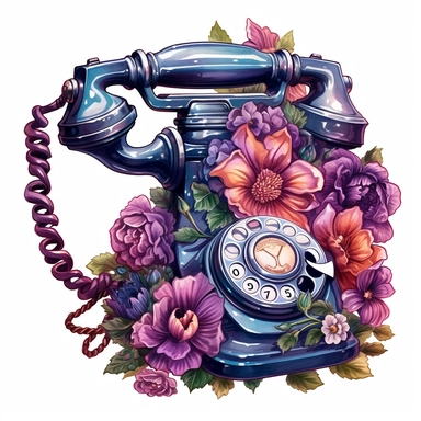 dark fantasy floral retro telephone Clipart, watercolor cartoon, hyper realistic, intricate detail, illustration style, high resolution, on the white background