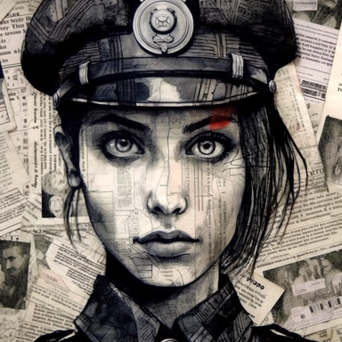 Charcoal drawing illustration collage, marker drawing portrait of a ((Japanese anime style police woman by ghibli ))on collaged book pages, magazine headline clippings, music notation paper cutouts, by Peterdraws, flowerpunk, bohemian style fabrics, intricate, button, wire jewelry, by Loui Jover