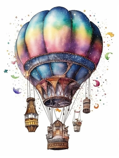 fantasy watercolor clipart with white background, hotair balloon with a galaxy design wrapping around the balloon, incorporate an artistic theme and meticulous attention to stitching and gradients, flat design, clearly defined separated image, high quality