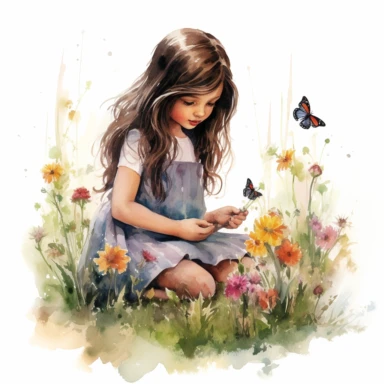 ink and watercolor mixed a beautiful little girl picking fwildflowers, with flowers in her long dark hair, clipart