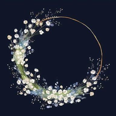 framed by thin border, wide view, central composition, fit in shot, full length, uncropped ,watercolor baby's breath wreathes, clipart, vector, dark background
