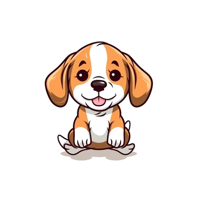 Generate a cute cartoon beagle puppy jumping clipart with a white background. The cat should be facing forward and have large round eyes and a small triangular nose. The ears should be pointy and slightly tilted backwards. The fur should be smooth and have a light pastel color, and there should be no shadows, borders, or watermarks. Please ensure that the image is crisp and sharp