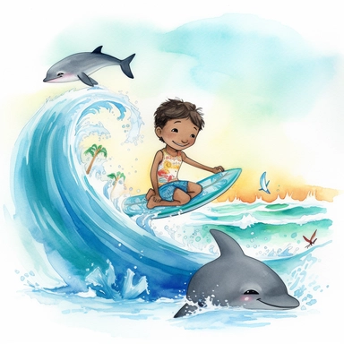 watercolour, adorable, me and the Sea: features an adorable little polynesian boy surfing with dolphins. He is 4 years old, The positive affirmation could be I am confident in my ability to explore the world around me, clipart style