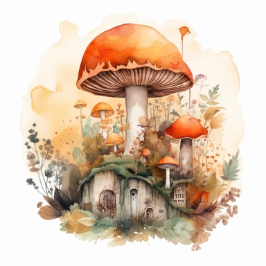 In this watercolor illustration, a mystical mushroom takes center stage, painted with vibrant hues and surrounded by delicate flowers and lush plants. The clipart design captures a magical scene, where fairies flit about in the air, their ethereal forms highlighted against a watercolor backdrop. The white background provides a stark contrast to the dominant autumn orange and browns color scheme, enhancing the enchanting atmosphere of the artwork. The intricate details of the flora and the playfu