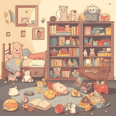 furniture, toys, books, images, flat vector clipart, nursery decor, small child, cute, children room deco