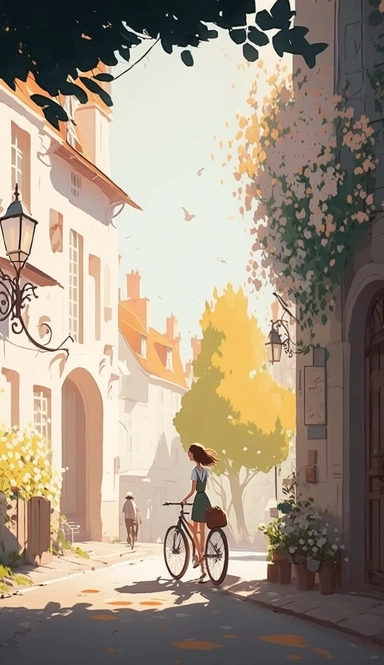 In the style of octane rendering + atey ghailan + studio ghibli Cute Parisian STREET with coffee shop and flower shop, cinematic lighting , elegant, sunny, summer with flower, flowering trees, birds flying in the air ,idyllic ,high definition folk style + folk style + hand draw Disney illustration style girl riding her bike in the streets over a town of a village on a sunny day, queer, romantic, cozy, vector, clipart, elaborate, cute, limpid, well composed, vibrant color tone, maximalism + 8k re