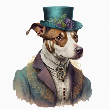 Portrait Shot of a Vintage Anthropomorphic Dog Wearing A Victorian costume Illustration, colorful, 1920s Illustration, Vintage, Antique, Ephemera, Clipart, 8k, Isolated on white
