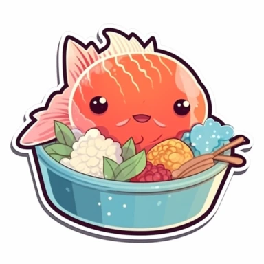 japanese fish meal, kawaii colors, clipart sticker on white background