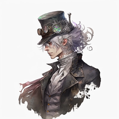 the mad hatter: a young man with grey hair, dressed in a steampunk coat, wearing a mechanical top hat. white background, clipart, watercolor style,