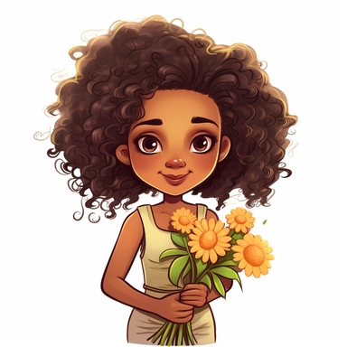 African American girl, pretty flower style cartoon, clipart, white background