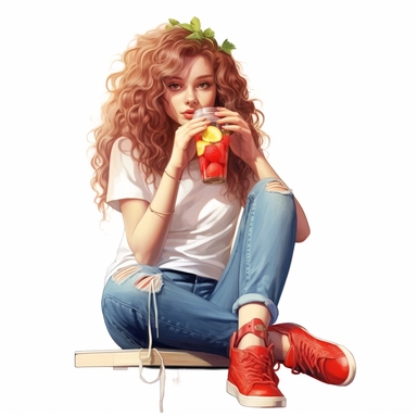 realistic a cute girl long curly hair sitting and drinking strawberry lemondage illustration clipart white background