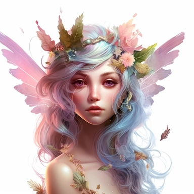 Enigmatic Fairy with an enigmatic aura, highly detailed face, and a mysterious expression, Use dreamlike lighting with soft sunlight falling on the subject’s face and deep colorful hair, to create an ultra-realistic image that captures the subject’s natural beauty and personality, clipart on white background