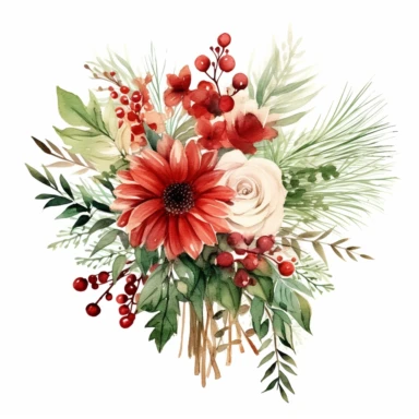 delicate floral watercolor christmas holiday greenery large full bouquets detailed clipart on white background. hand painted intricate. vibrant red and green festive colors.
