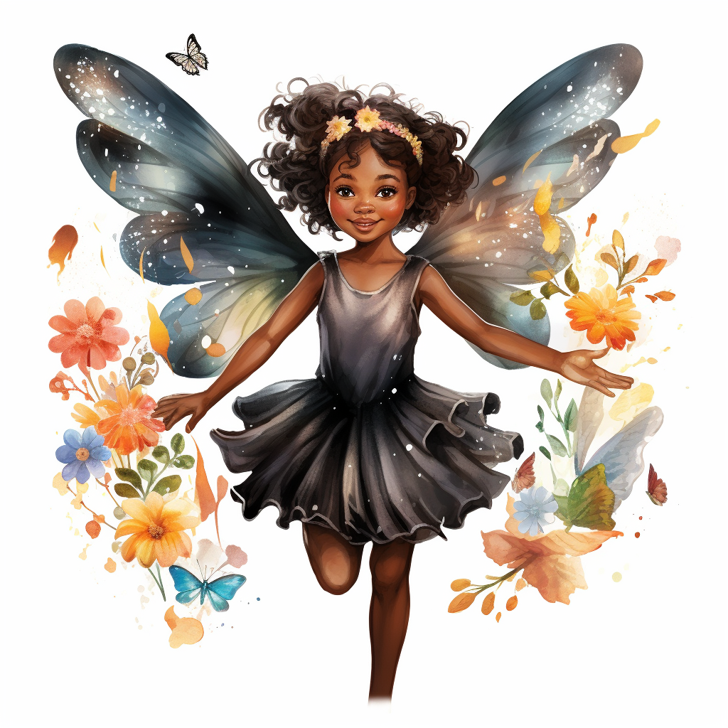 magical black little girl, fairy wings, clipart, disney style ...