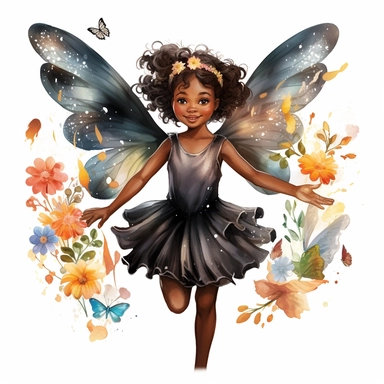 magical black little girl, fairy wings, clipart, disney style, watercolor, white background , flying above flowers