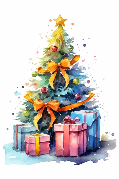 isolated clip art illustrations, christmas theme, christmas tree, gifts, cartoon, watercolor, in a disney style, flat lay, precise, detailed, vibrant color palette