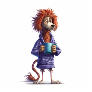 a very skinny dog with frizzed out hair, holding a mug of coffee, tired, pajamas, perfect placement of tail, pixar style, full body image, clipart, white background