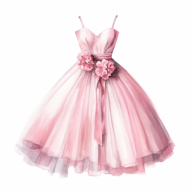 Watercolor pink elegant party dress drawing, illustration clipart, high detailed, white background, digital art