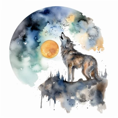 A wolf howling at the full moon, watercolor style, clipart image, no text, no symbols, no logo, on white background