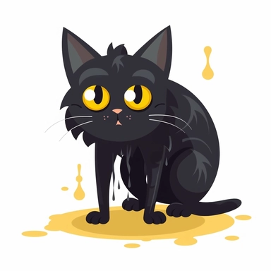 shaggy cartoon style wet black cat with a wide eyed, desperate look, begging to be let insisedsilhouette vector flat simple identification symbol white backround white background minimalistic clipart png svg