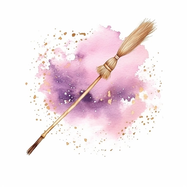 Broomstick, in the style of watercolor illustrations, pink and gold, soft lilac, magical and mystical, galaxy elements, modern minimal watercolor, on white background, clipart