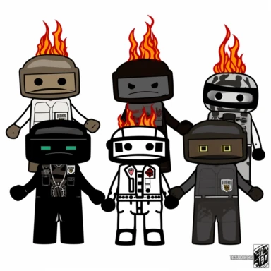 /imaginea set of black line clipart inspired by live fire cooking and barbecue and Lego and Funko Pop toys