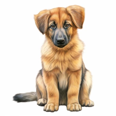 hyper-realistic clipart of an adorable German Shepherd puppy on a white background. Capture the playful and curious nature of the puppy, showcasing its intelligence and loyalty. Pay attention to the distinct features of the German Shepherd breed, including its pointy ears, expressive eyes, and beautiful coat markings. Use a mix of warm and neutral tones to bring out the puppy's natural colors and textures. Focus on the puppy's endearing face and capture its innocent and gentle expression. Add su