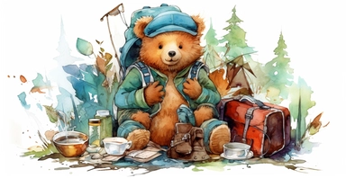 Adorable teddy bear on adventure, camping gear, forest, clipart, vivid colours, ornamental watercolor, white background, I can’t believe how beautiful this is
