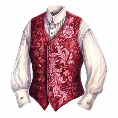 A beautifully patterned Victorian waistcoat in varying hues of captivating burgundy, hinting at the gentleman's mysterious demeanor, Clipart, watercolor, white background, intricate detail.